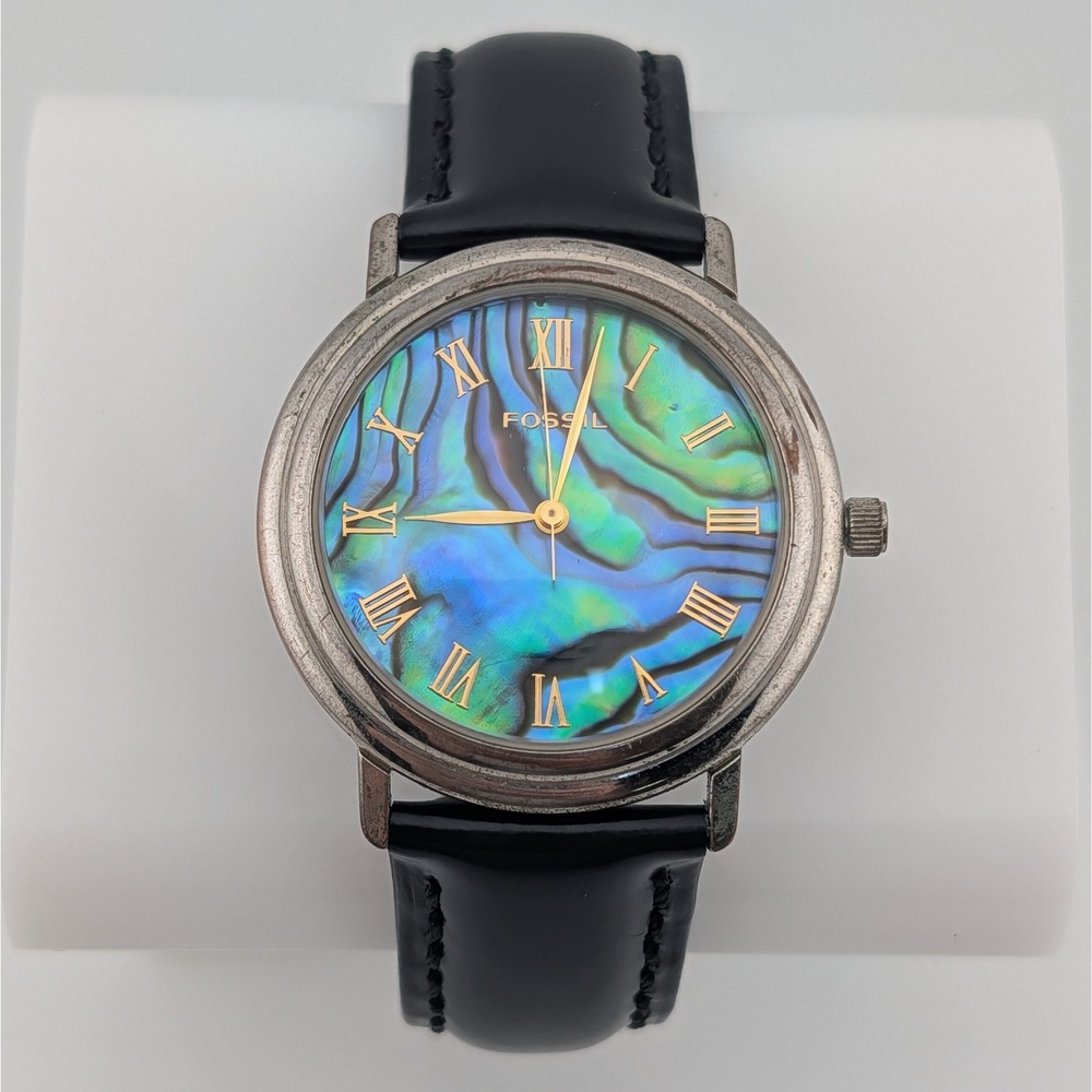 Vintage Fossil Quartz Abalone Shell Dial Watch New Black Leather Strap 34mm 7"
